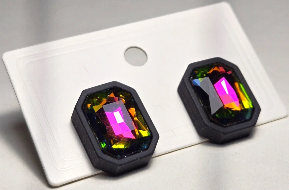 Pendientes perforados de cristal rectangulares grandes multicolores negros estilo años 80 vintage Foto 3 de 4