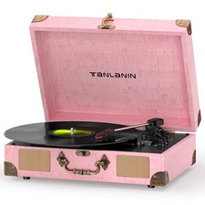 Vinyl Record Player with Bluetooth Output Input, Treble Bass Vintage Pink
