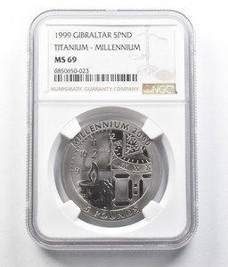1999 Gibraltar 5 Pound Titanium Millennium MS69 NGC a7053
