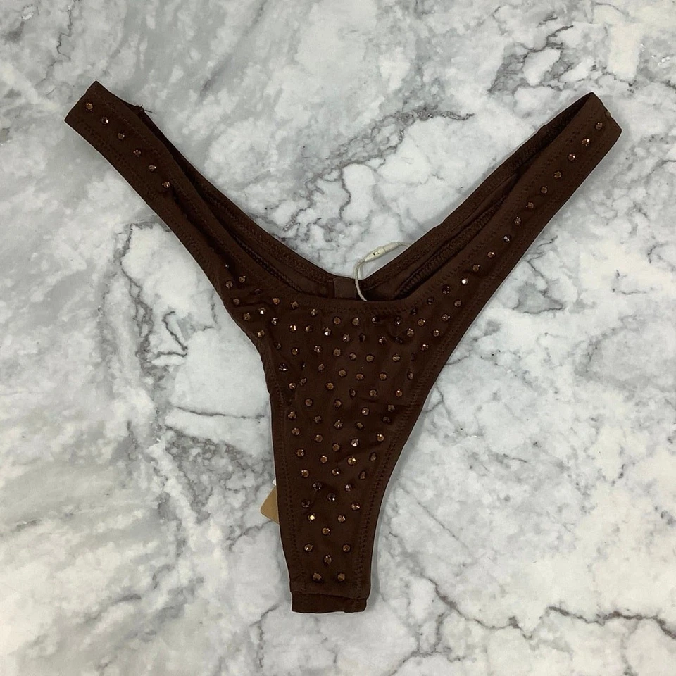 Tanga Bragas Ropa Interior Skims Talla Mediana Cacao Brillante Diamante Incrustado OS37-13 Foto 3 de 4