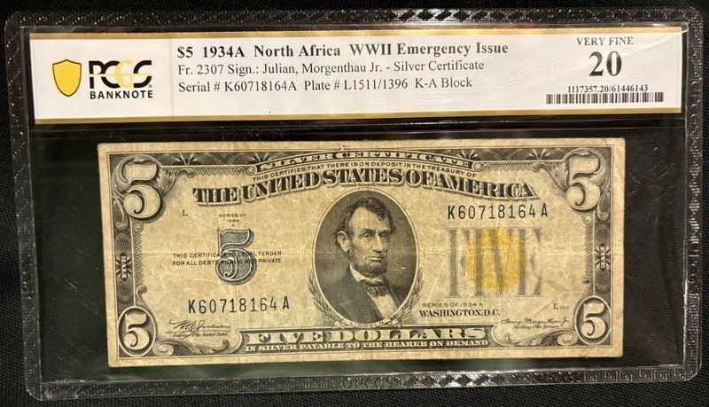 1934A $5 North Africa WWII Emergency Issue Note PCGS 20