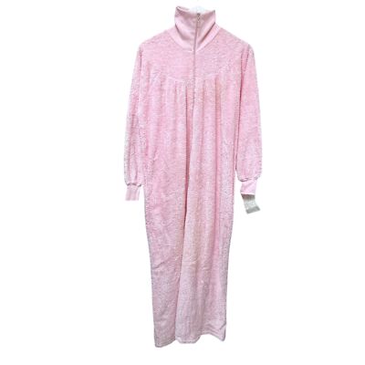 Womens Chenille Robe Size Medium Pink Cotton Retro 1/2 Zip Bathrobe Pockets