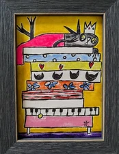 Black Cat Original Painting Collectible Abstract Folk Art By Samantha McLean