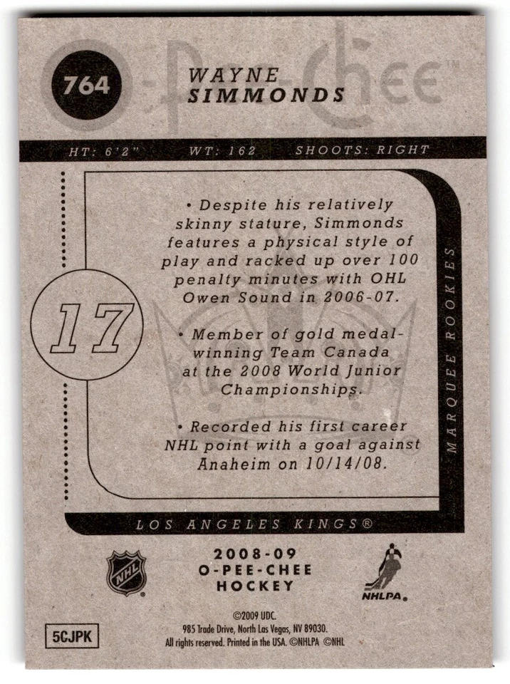 2008-09 O-Pee-Chee Wayne Simmonds Rookie #764 Los Angeles Kings - Image 2 of 2