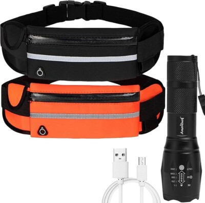 2 Pack Running Belt Waist Pouch + USB Rechargeable LED Safety Light, Jogging