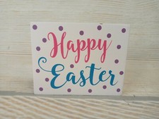 New 'Happy Easter' Wood Block Sign Decor Table Tier Tray Polka Dot Bunny Eggs