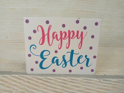 New! ''Happy Easter'' Wood Block Sign Decor Table Tier Tray Polka Dot Bunny Eggs ~