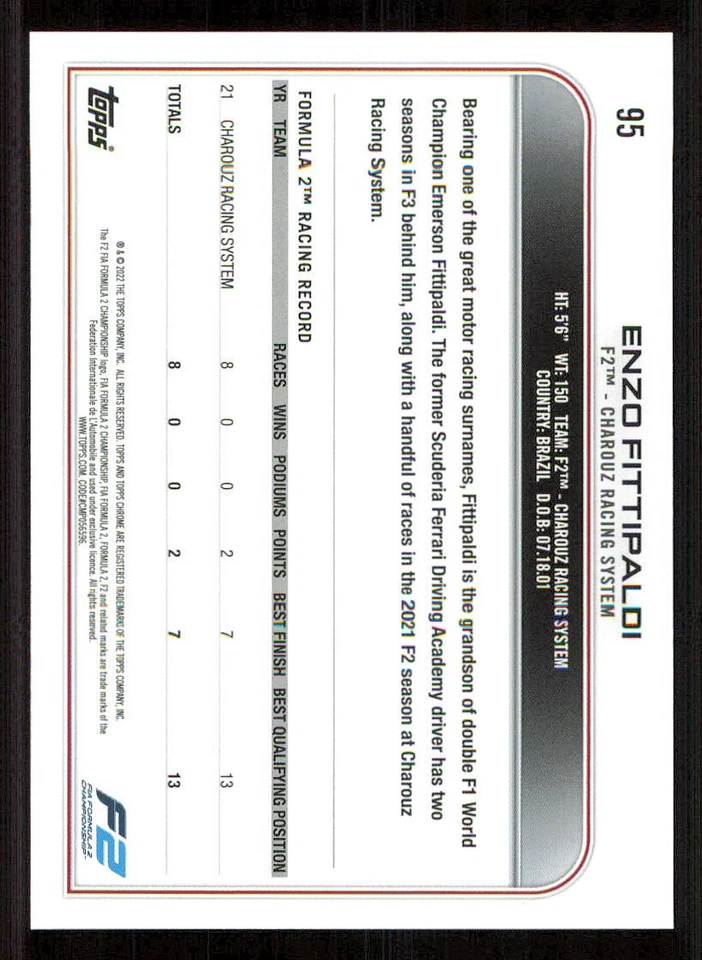 2022 Topps Chrome Formula 1 #95 Enzo Fittipaldi - Image 2 of 2