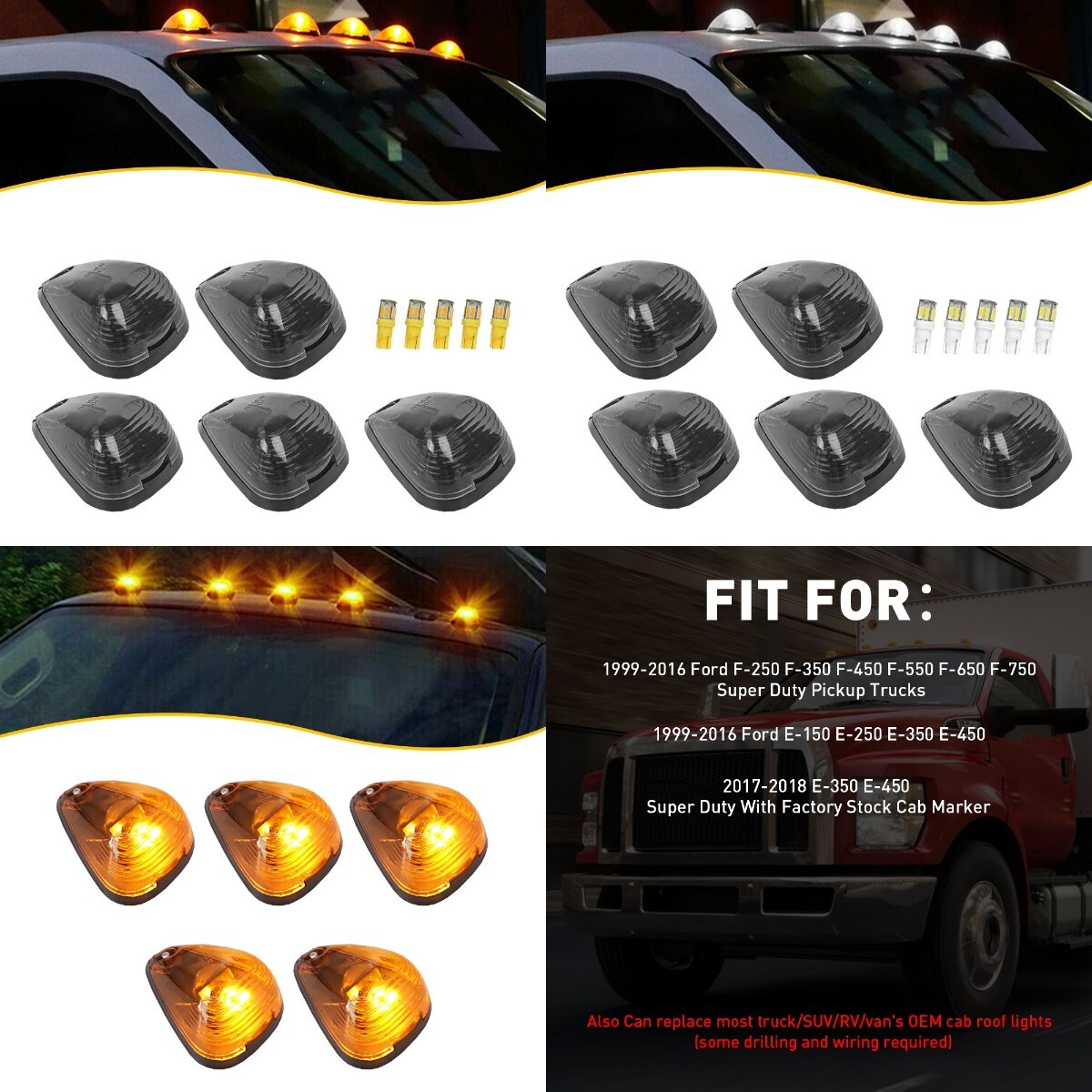 5x Smoke LED Cab Roof Lights Marker Amber/White For Ford F-250 F 