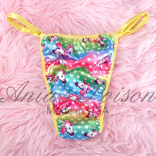 Satin Sissy VALENTINE'S Panties MEN's ADJUSTABLE Rainbow Unicorn Triangle THONG - Picture 2 of 5