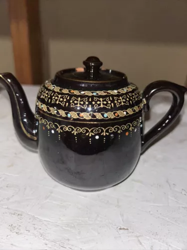 Vintage Gibson And Sons Black Teapot Hand Painted England Gold Accents Ornate 4”