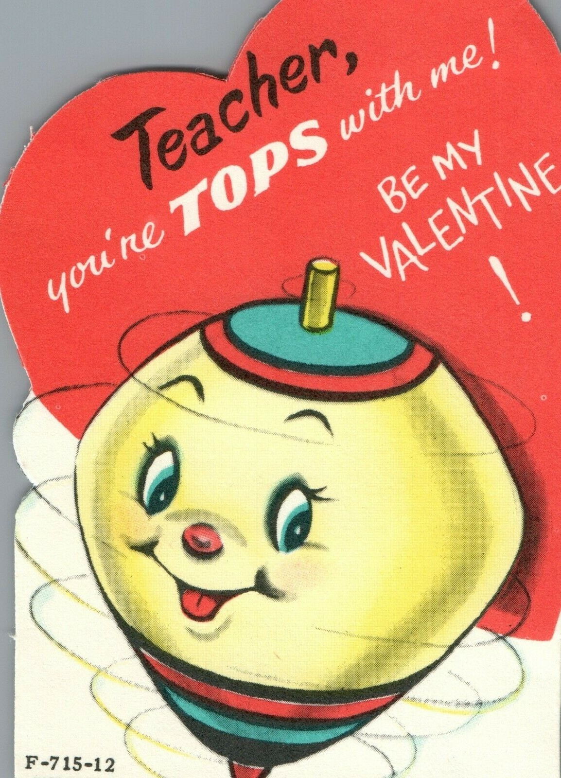 Adorable Spinning Top ANTHROPOMORPHIC Topper Vintage Toy Valentine Card