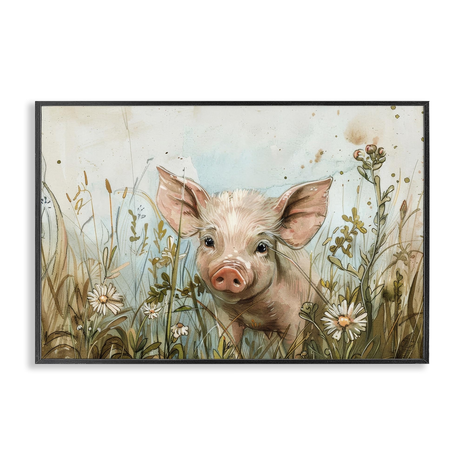Piglet Among Flowers Framed Giclee Art Design by Petals Prints Design