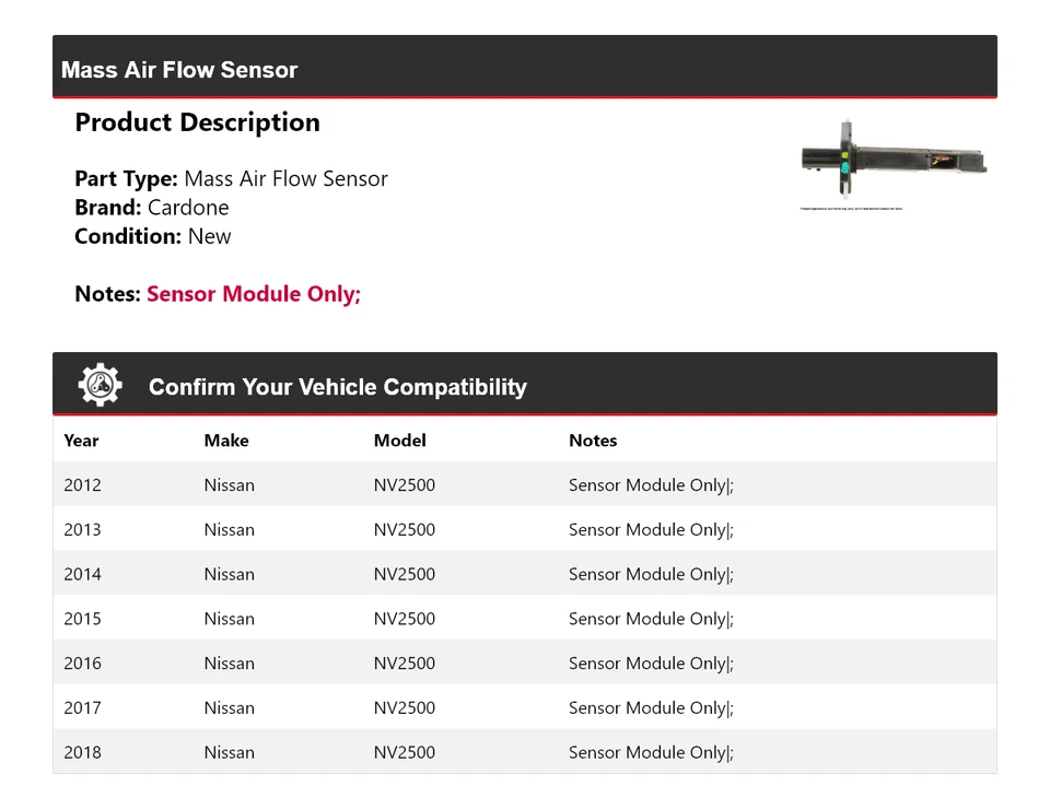 Sensor de flujo de aire masivo Cardone 2013 2014 2015 2016 para Nissan NV2500 2012-2018 Foto 2 de 4