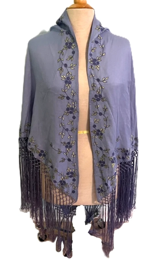 Lord and Taylor Floral Fringe Scarf Wrap Shawl Lavender Embroidered Purple