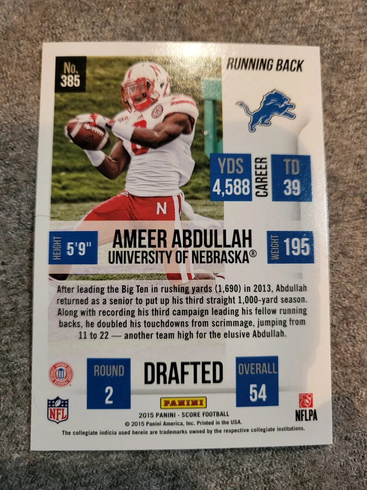 2015 Score Football Scorecard Variation #385 Ameer Abdullah Rookie Card - Image 4 of 4