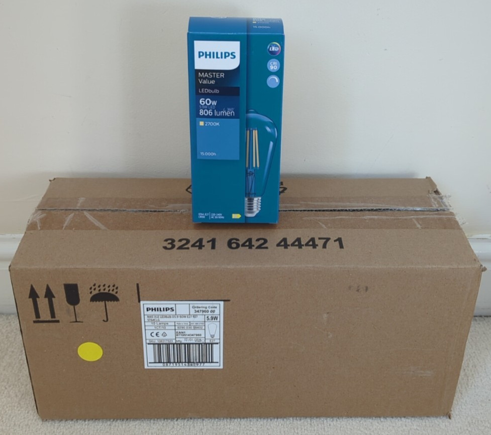 Philips MASTER Value LED Bulb E27 Edison Filament Clear 5.9W-60W 806lm Box of 10