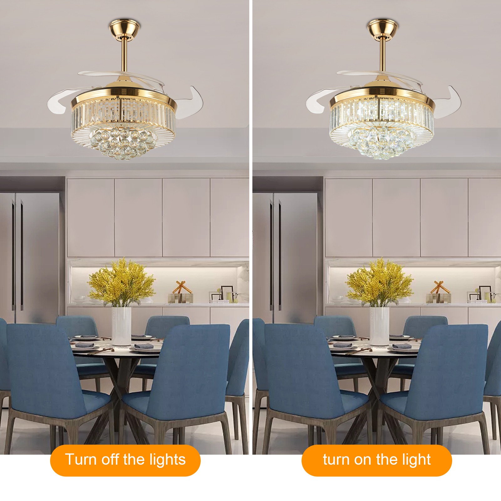 3-Color Crystal Chandelier, Ceiling Fan Light, Ceiling Fan Light with Remote