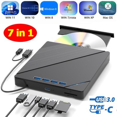 7 in 1 USB 3.0 Externes Laufwerk CD/DVD Brenner Player mit Type C für PC Laptop