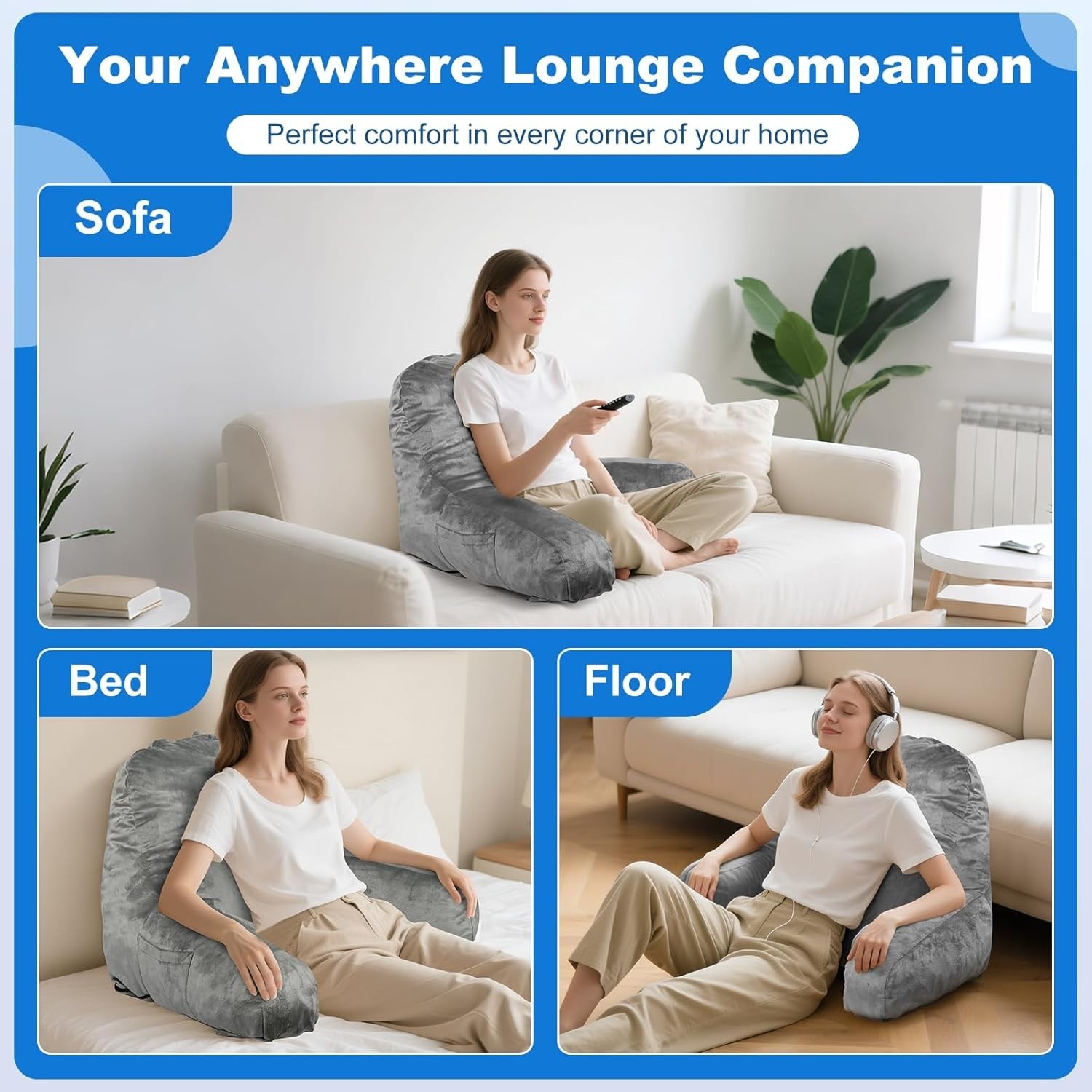 Premium Reading Pillow with Back & Arm Support - Washable Grey Cover