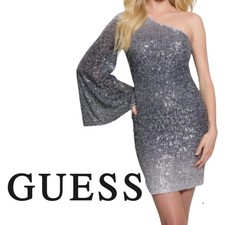 Guess Silver Ombré Sequin One Shoulder Bell Sleeve Sheath Prom Dress Size Large