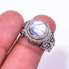 Dendritic Agate - Brazil Solitaire Gemstone 925 Sterling Silver Ring s.8 Sku36