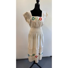 Vintage Mexican Folk Floral Embroidered Midi Dress Smocked Waist Crochet Lace XL