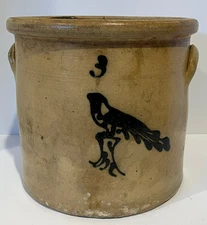 Primitive Antique 3 Gallon Salt Glazed Crock Blue Bird Pottery Unmarked