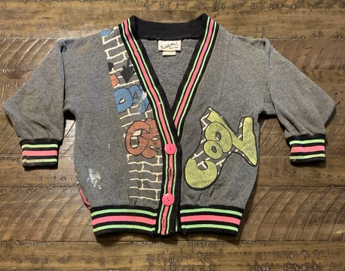 Vintage 80s Tickle Me! Toddler Neon Cardigan Graffiti Print Size 4T USA Made - Picture 2 of 8