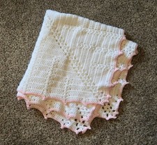 Handmade Hand Crocheted Baby Blanket White, Pink Scalloped Boarder