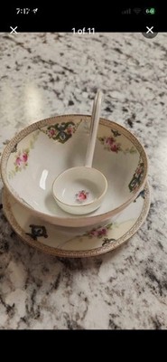 Nippon Hand Painted Porcelain Bowl Set, Floral Pattern, White Pink Gold