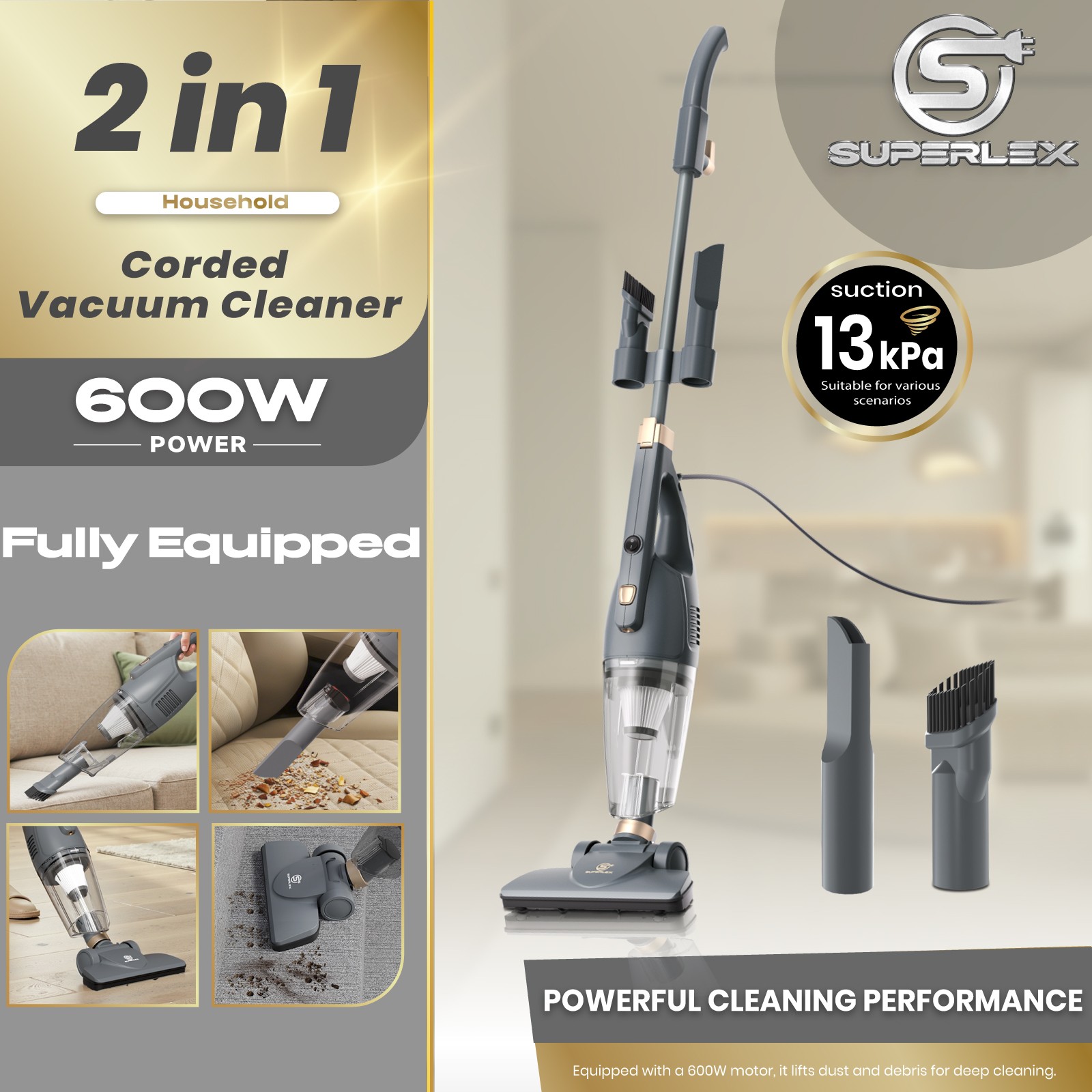 SUPERLEX 3 in 1 Upright Bagless Handy Hand Held Stick Vacuum Cleaner HEPA Filter