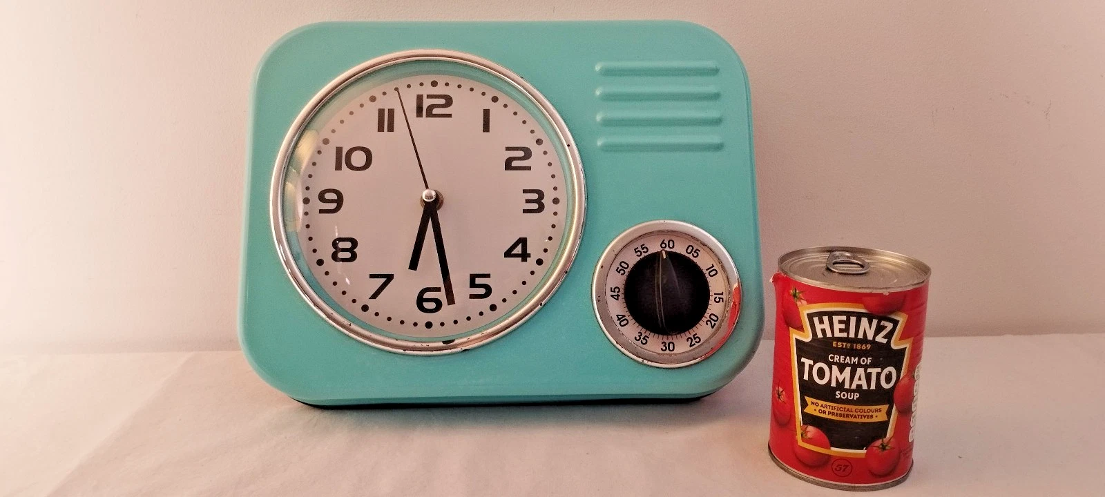 Retro Kitchen Wall Clock with Timer Pale Blue Vintage Style Quartz Clock