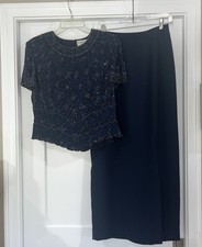 ADRIANNA PAPELL OCCASIONS ELEGANT BEADED SILK TOP  MAXI SKIRT SET - NAVY - EUC