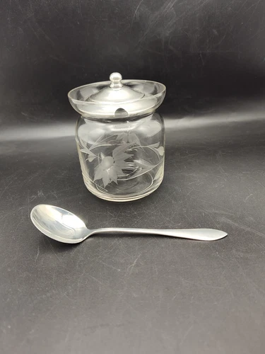 Vintage Sterling and Etched Glass Jam Jar with Lid and Spoon
