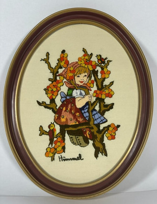 VTG Hummel Framed Crewel Cross Stitch Needlework Girl Tree Birds Flower Oval 13''