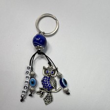 Silver Blue Metal Owl Evil Eye "GREECE" Keychain Key Ring, Detachable Keyring