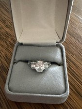 Size 6 Three Stone CZ Ring Oval Center Stone Silver Tone Engagement Style