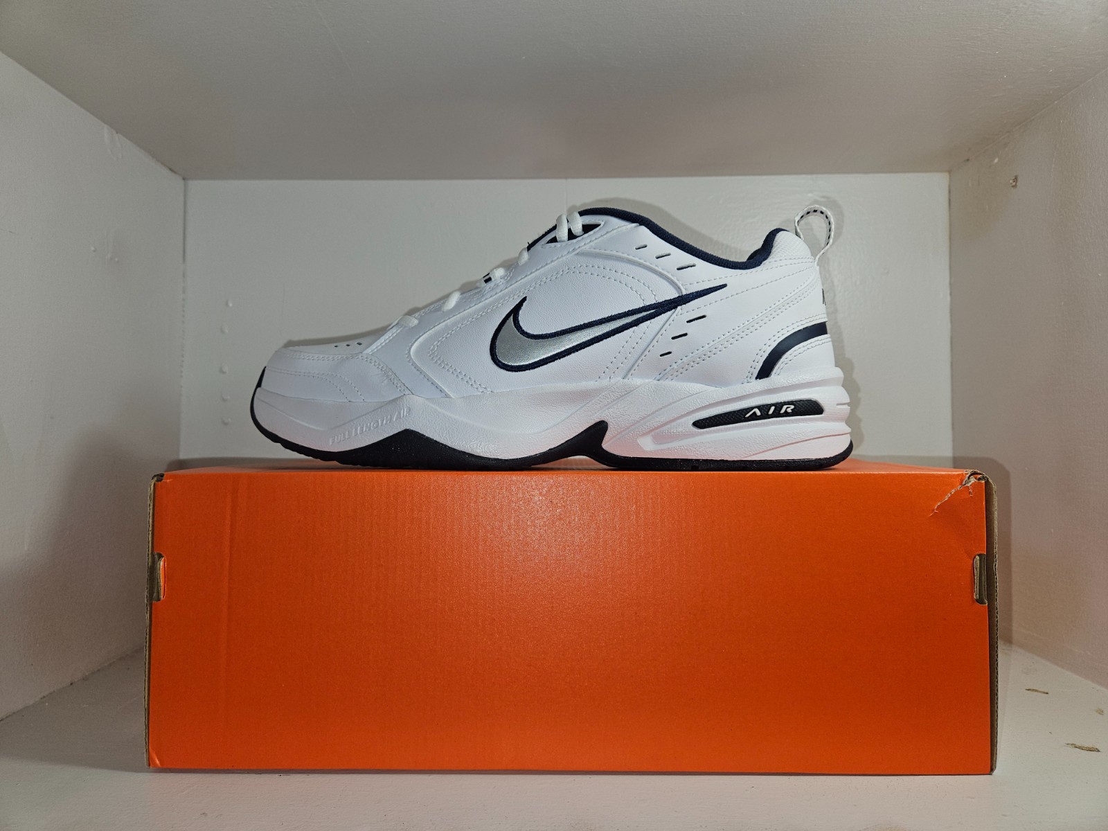 Size 11-Nike Air Monarch White/Silver, 415445-102