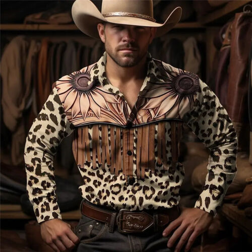 Camicia Uomo Floreale Leopardo Manica Lunga Western Denim, Outdoor Casual Party Shirt - Foto 28 di 35