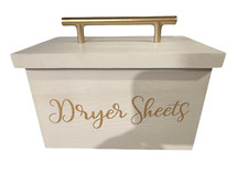 Dryer Sheet Holder with Lid, Wood Dryer Sheet Container for Laundry Room, White