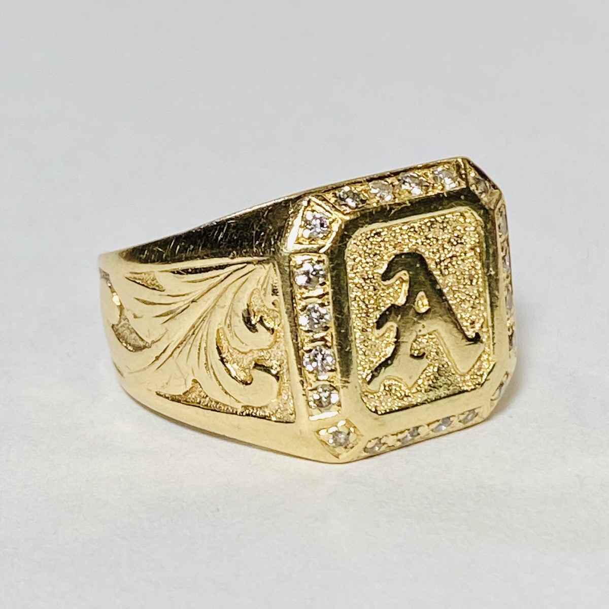 14K Yellow Gold Diamond "A" Letter Scroll Size Signet