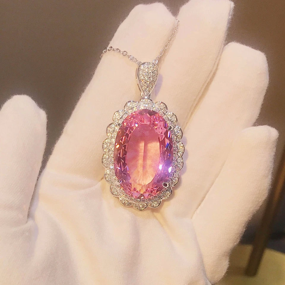 Huge Oval 30*20MM Gorgeous Shiny Natural Pink Topaz Gems Silver Necklace Pendant - Image 3 of 4