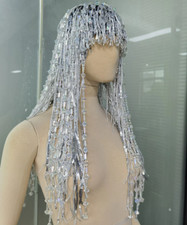Full Rhinestone Headpiece Fringe Wig Crystal Bling Tassel Long Hair Headdress