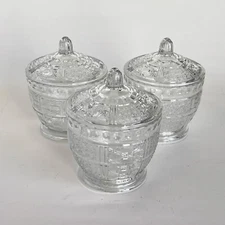 3 Daisy and Cane Pattern Lidded Clear Biscuit Jar Candy Dish’s Cottage Vintage
