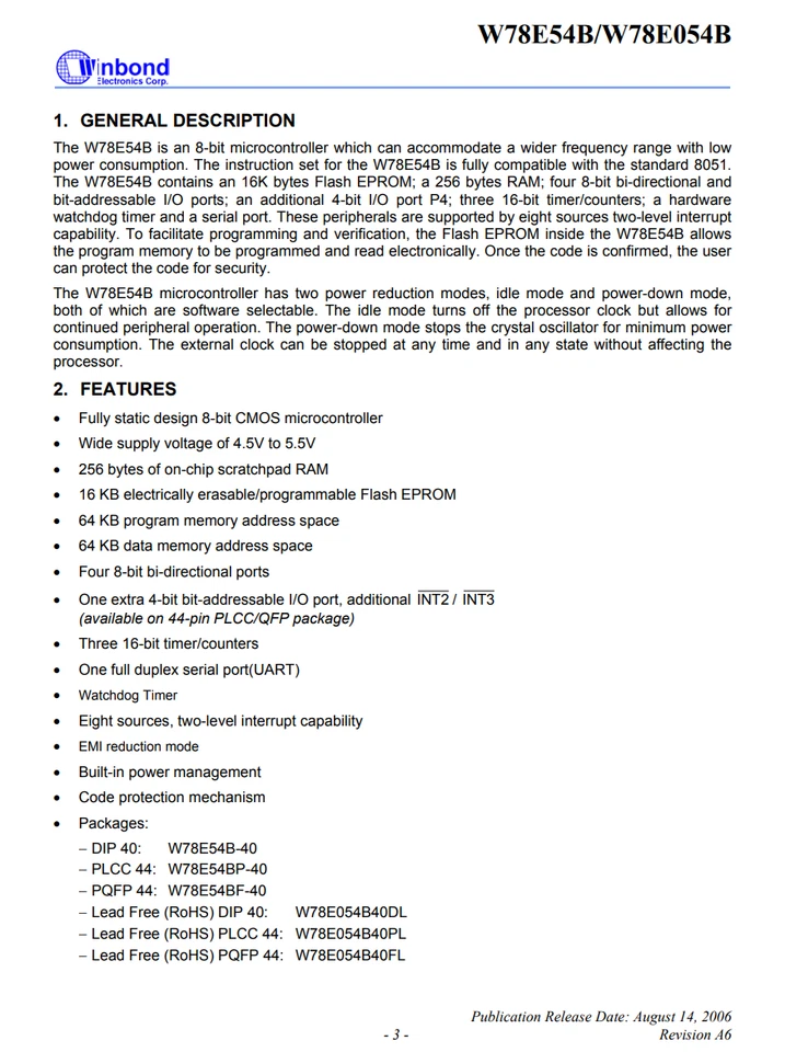 1X W78E054B40PL Winbond 8051 8 Bit Microcontroller 16K 40MHz PLCC-44 MCU IC - Image 3 of 4