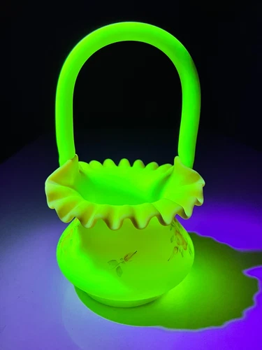 Fenton Art Glass Rose Burmese Yellow Pink Satin Basket Hand Painted & Signed