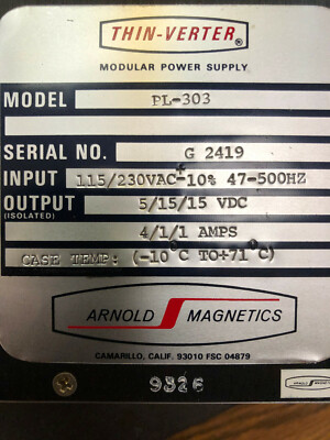 PL-303 THIN-VERTER POWER SUPPLY ARNOLD MAGNETICS 115/230VAC-10%