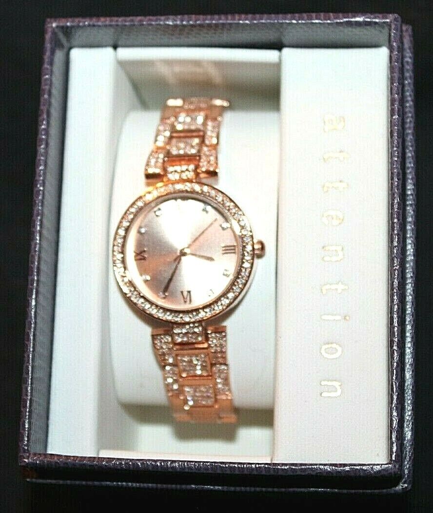 Attention Rose Gold Tone Crystal Rimmed Wristwatch w/ Slight Crystal Lined Strap