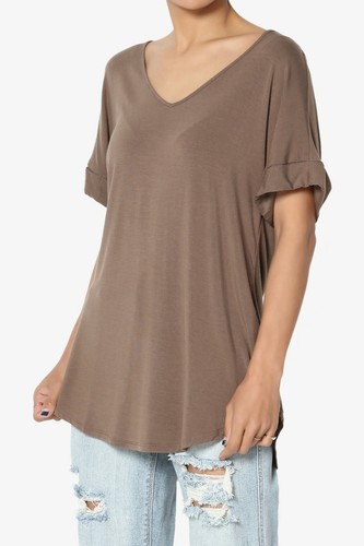 TheMogan S~3X Wide V-Neck Cuffed Short Sleeve Curved Hem Luxe Jersey Top - Picture 167 of 212